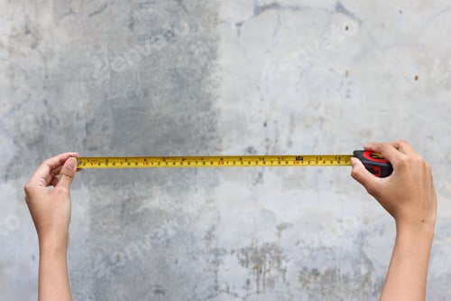 Preview: Hand holding a yellow measuring tape over grey concrete background
