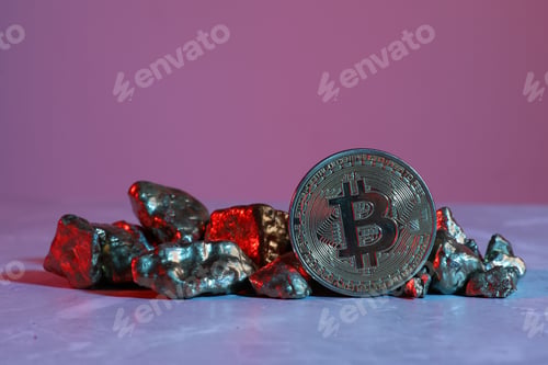 Preview: Bitcoin and gold nuggets on table in bright light