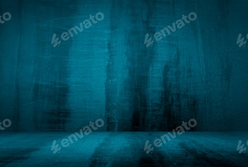 Preview: Vintage grunge blue concrete texture studio wall background with vignette.