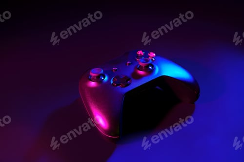 Preview: Gaming joystick on black background in neon light