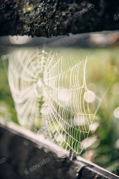 Preview: Spider web close up with dew drops on wooden fence on green background outdoors in sunny morning