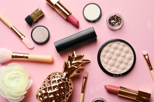 Preview: Flat lay composition with decorative cosmetics on color background