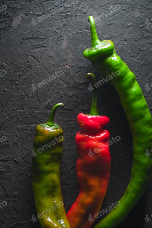 Preview: Red and green chili pepper on a gray background