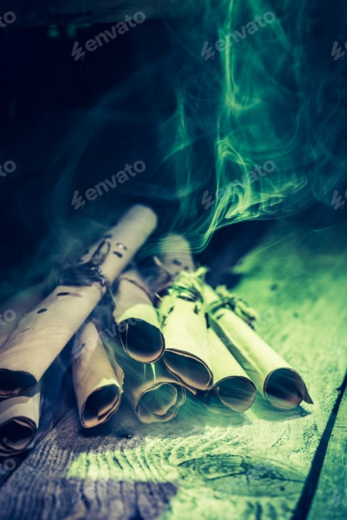 Preview: Vintage witch workshop with green light and scrolls for Halloween