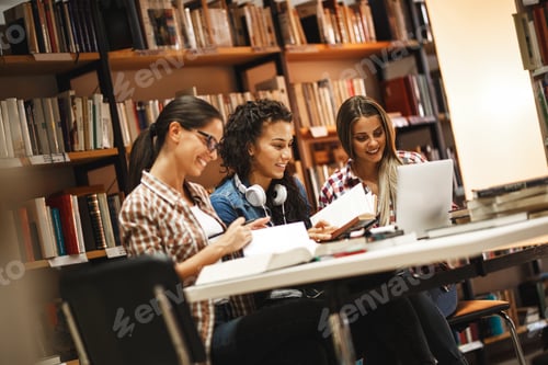 Preview: Group of female students study in the college library.