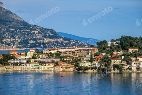 Preview: Cap Ferrat coastal view, village and mountains landscape in Cote D'Azur, France