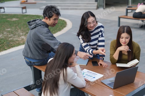 Preview: Young asian students discussing project outdoors