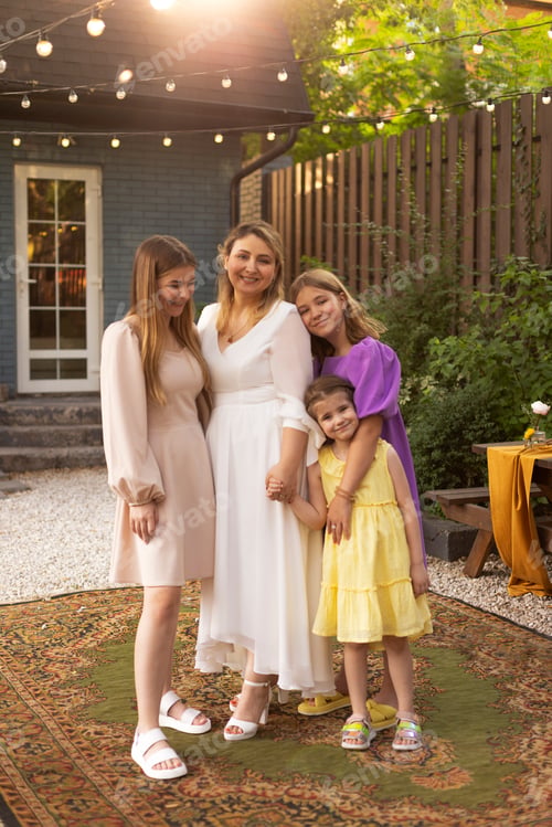 Preview: Happy female parent with children, celebration in the garden.
