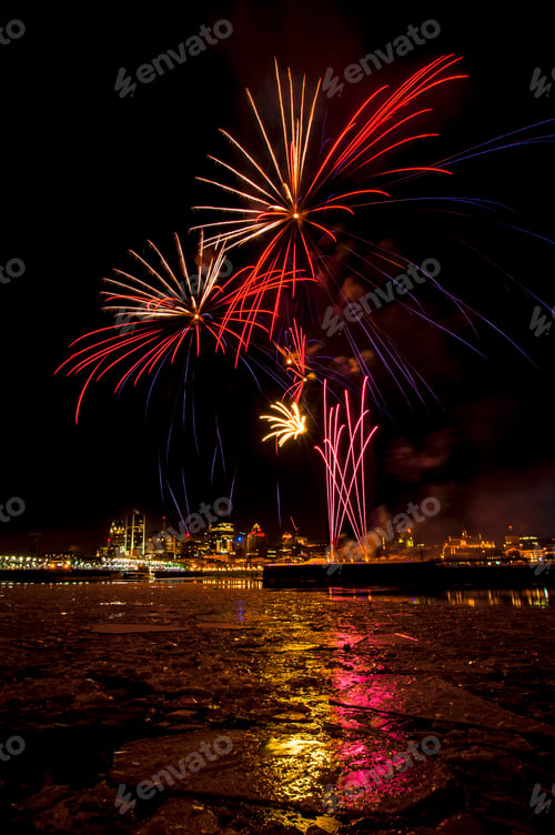 Preview: View of fireworks at Fire on Ice Festival, Montreal, Quebec, Canada