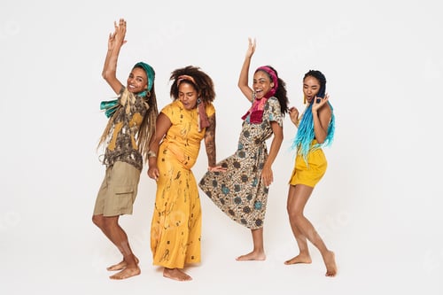 Preview: Young black four women wearing dress singing and dancing on camera