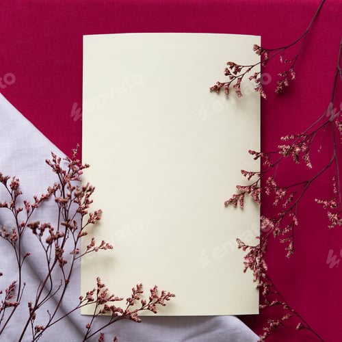 Preview: Blank greeting card, invitation and envelope mockup. Minimal floral frame made of dry flowers