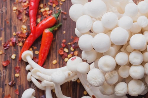 Preview: Vibrant Red Peppers and White Mushrooms Still Life