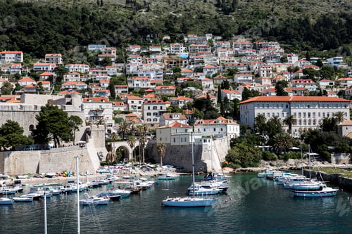 Preview: Coastal cityscape with city walls and yacht marina, Dubrovnik, Croatia