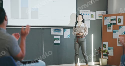 Preview: Presentation success, woman speaker and applause, support from business people with thank you at fi