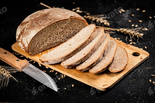 Vista previa: Pan de centeno en rodajas en una tabla de cortar.
