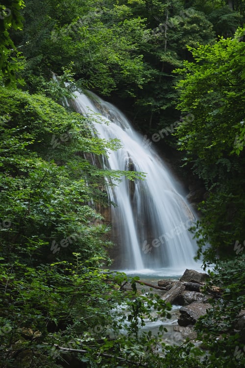 Preview: Waterfall green forest. Summer beautiful cool landscape