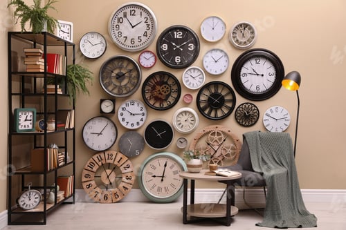 Preview: Stylish room interior with collection of wall clocks