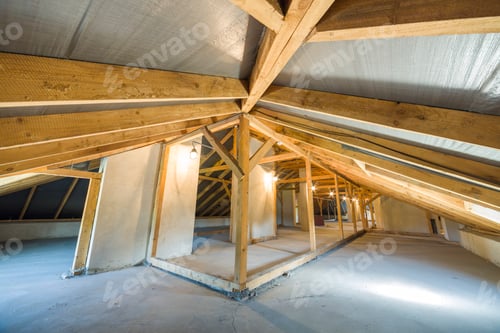Preview: Attic of a building with wooden beams of a roof structure