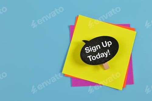 Preview: Wooden tag written with SIGN UP TODAY! ob blue background