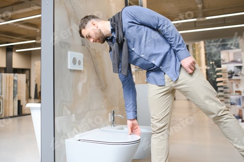 Preview: Male customer looking at toilets on sale at a modern store or shopping centre