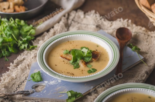 Preview: Creamy mushroom soup with fresh herbs garlic croutons