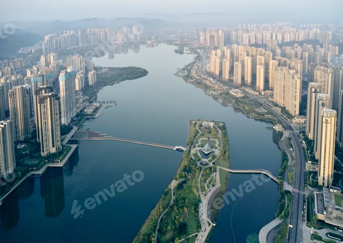 Preview: Skyscrapers lining river, Yingwanchen, Hunan, China