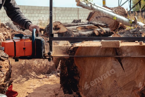 Preview: Closeup of lumberjack cutting tree trunk with giant chainsaw to make wooden planks