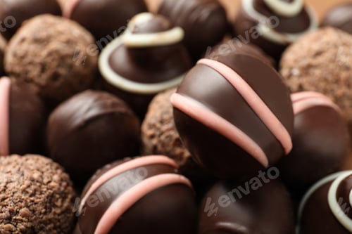 Preview: Many different delicious chocolate truffles, closeup view