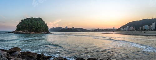 Preview: Sao Vicente city Skyline and Urubuquecaba Island at sunset - Santos, Sao Paulo, Brazil