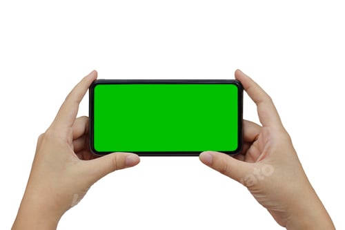 Preview: hand holding phone mobile green screen isolated on white background