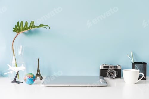 Preview: Modern and stylish workspace mock up with laptop and desk office supplies