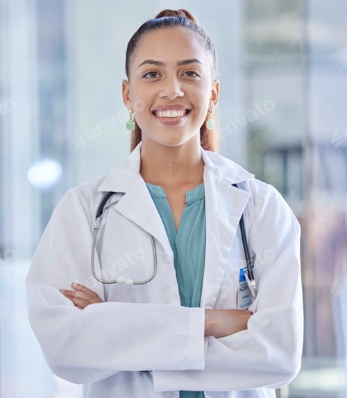 Preview: Doctor, woman and portrait with healthcare and happy medical professional in hospital against blurr