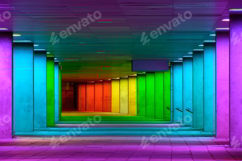 Preview: Colorful mulitcolord illuminated gallery tunnel near Museum Park, Rotterdam, The Netherlands