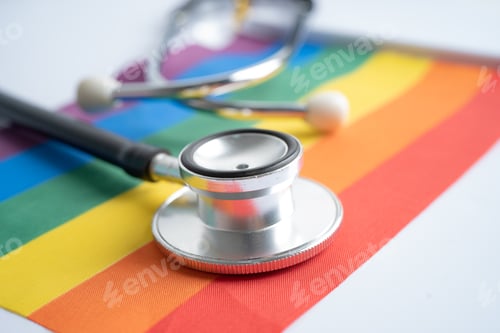 Preview: Black stethoscope on rainbow flag background, symbol of LGBT pride month celebrate annual in June so