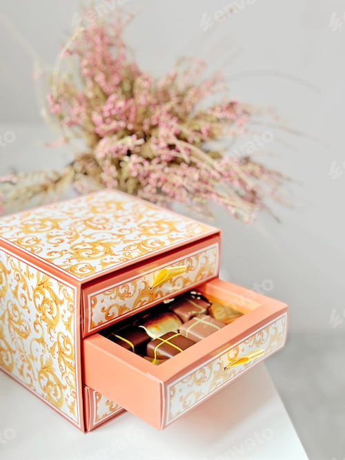Preview: Pink Box Filled With Various Chocolate Pralines In Front Of Potted Flowering Plant Background