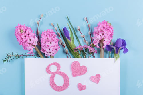 Preview: March 8 Women's Day card from spring hyacinth and iris flowers