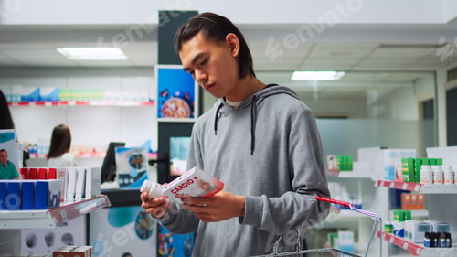 Preview: Male customer looking at cardiology drugs to buy from drugstore