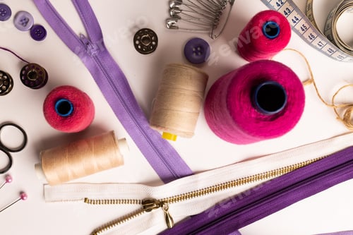 Preview: Composition of sewing equipment on white background