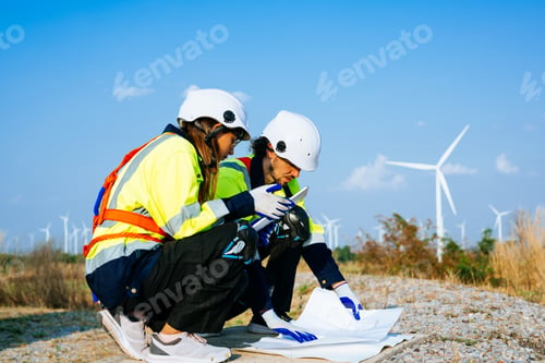 Preview: Technicians team with safety uniform working at wind turbine field