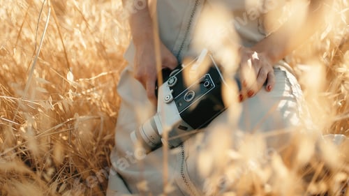 Preview: Vintage 8mm cinema camera in the hand of a girl walking in the countryside