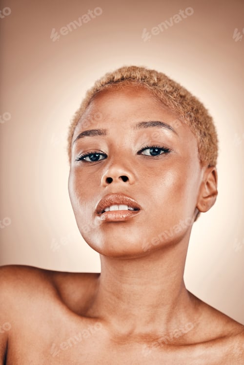 Preview: Skincare, bronze and portrait of black woman in studio with luxury cosmetics promotion, glowing ski