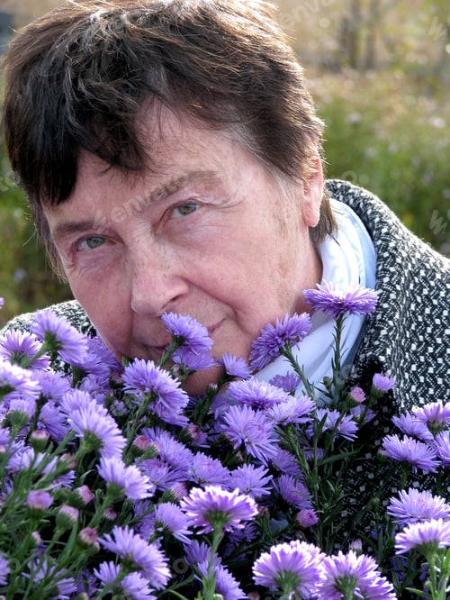 Preview: close-up portrait Adult woman, brunette. Beautiful senior woman holding blue daisies, smiling