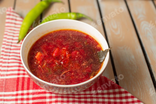 Preview: front view red vegetable borsh delicious soup meal with green pepper on the wooden desk meal dinner