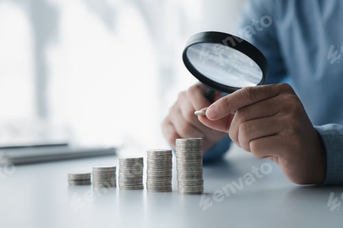 Preview: A person is using a magnifying glass to look at the piles of coins arranged in a row.