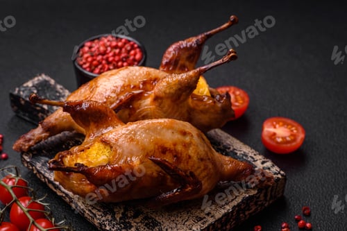 Preview: Roasted quail, partridge or pigeon stuffed with orange with spices and herbs