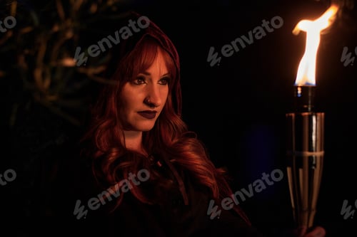 Preview: Woman disguised as a witch holding a flaming torch