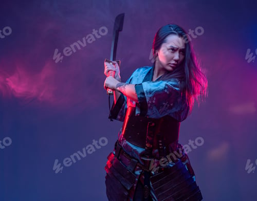 Preview: Woman samurai in fight pose with katana