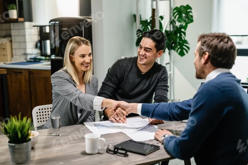 Preview: Young happy couple handshaking with financial advisor at their home.