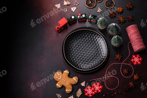 Preview: Beautiful different Christmas decorations and gingerbread on a brown concrete table
