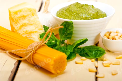 Preview: Italian traditional basil pesto pasta ingredients